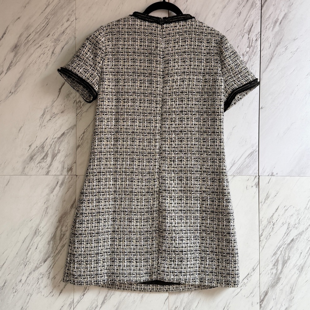 Tahari Tweed Textured Black White Short Sleeve Pockets Shift Mini Dress SZ M - Picture 4 of 6
